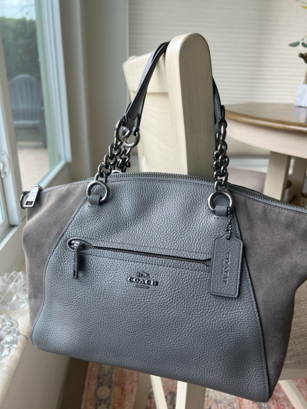 Coach -Gray Pebbled Leather Satchel with Suede and Chain Detail - Picture 5 of 17